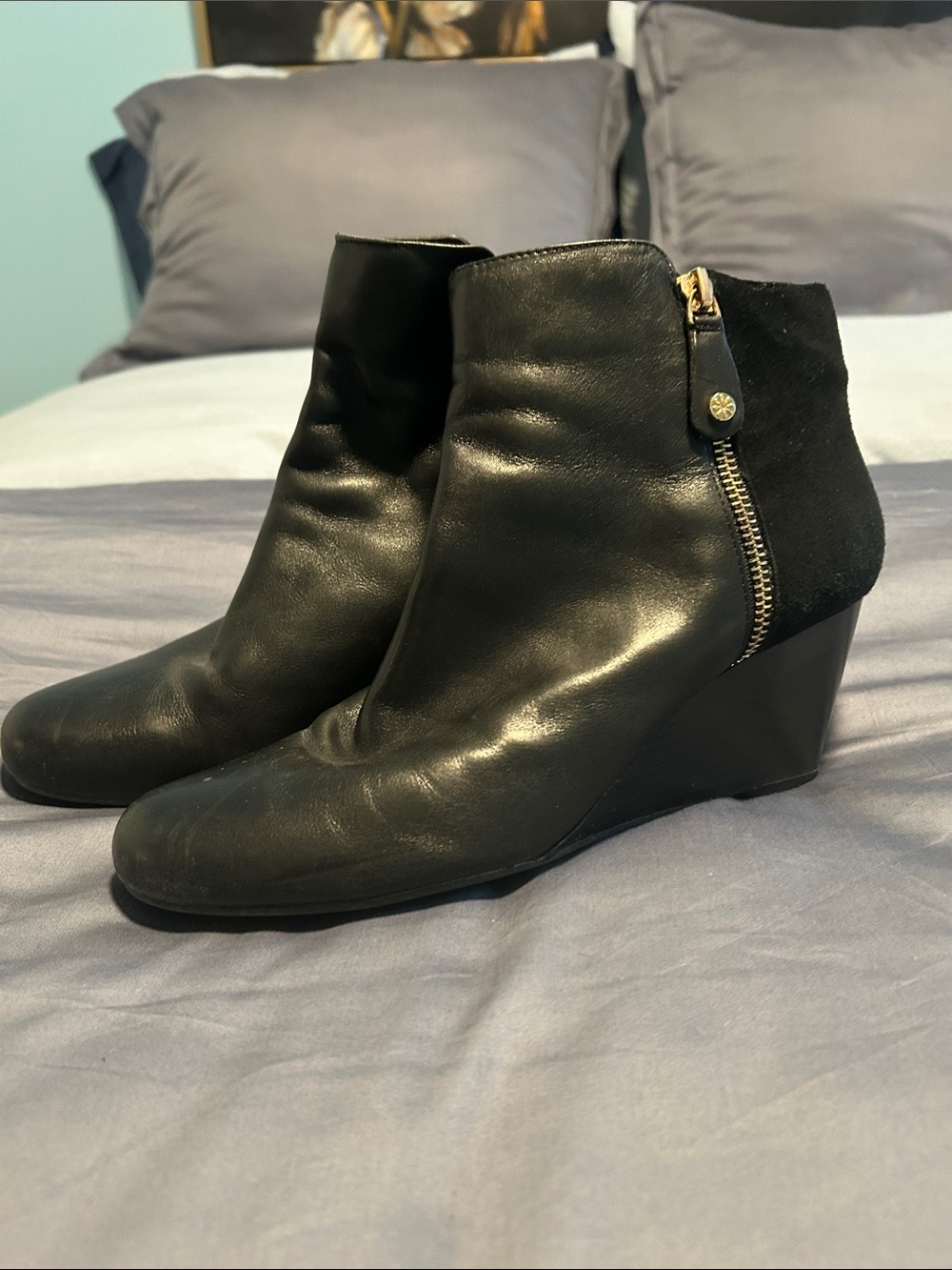 Isaac Mizrahi Black Leather and Suede Wedge Ankle Booties with Gold Zip